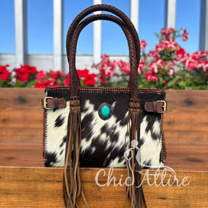 Cheveux fabriqués à la main sur cuir de vachette frange Turquoise pierre Western fourre-tout sac à main fait à la main en cuir véritable sac à main de luxe pour les femmes - Product Image 1