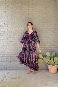 Wholesale 100% Cotton <b>Tie</b> Dye Printed V Neck Kaftan High Summer Beach Dress 6XL Size <b>Purple</b> Solid Pattern Women's Boho Back - Product Image 5
