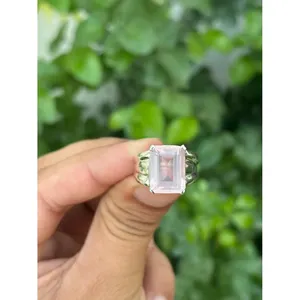 925 <b>Silver</b> <b>Ring</b> with Rose Quartz and <b>Emerald</b> Cut for Engagement - Product Image 1