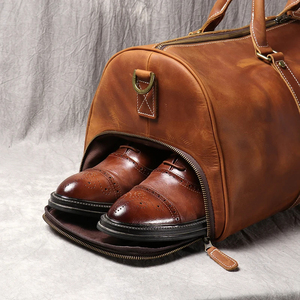 Leather Weekender Duffel Bag with Zipper Closure and <b>Shoe</b> Compartment Brown Travel Bag - Product Image 1