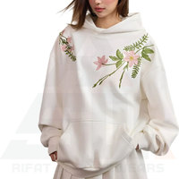 Sudadera con Capucha Premium Blanca Oversize para Mujer, con Bordado 3D Estético de Flores Rosas en la Parte Delantera, Cómoda, con Hombros Caídos, Colección de Invierno