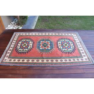 Alfombra Vintage de 4x6.4 pies, Alfombra Turca, Alfombra a Cuadros Roja y Azul - Product Image 3