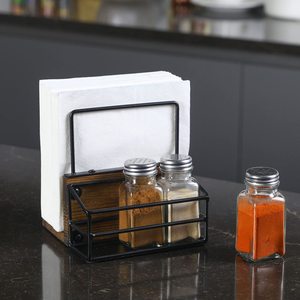 Caddy de mesa, servilletero de madera marrón y alambre de metal negro con 3 condimentos de vidrio/Salero y pimentero - Product Image 2