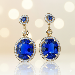 Boucles d'oreilles en pierres précieuses bleues Hydro et CZ |   Rond et ovale de 7 mm |   Argent sterling 925 plaqué or 18 carats |   4,5 pouces, 12 GM Vêtements de mariage - Product Image 3