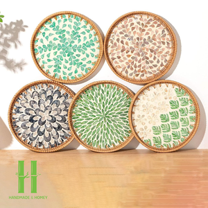 Plateau de service décoratif de style bohème en bambou Offre Spéciale forme arrondie conception d'incrustation d'os écologique faite à la main pour la nourriture café thé - Product Image 3