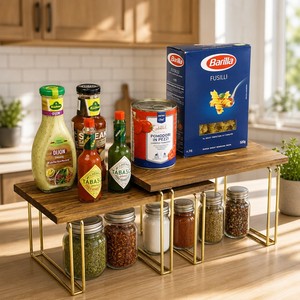 Organizzatore Espandibile <span class=keywords><strong>per</strong></span> Armadietti da <span class=keywords><strong>Cucina</strong></span>, Set da 2, con Piano in Legno Carbonizzato, Scaffale Impilabile <span class=keywords><strong>per</strong></span> Spezie con Gambe in Metallo Dorato - Product Image 1