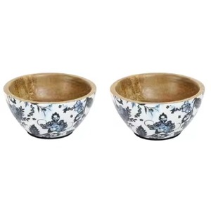 Bol de service rond en bois de manguier artisanal avec impression émaillée, bleu et blanc, vaisselle décorative, bol à salade, bol à soupe - Product Image 3