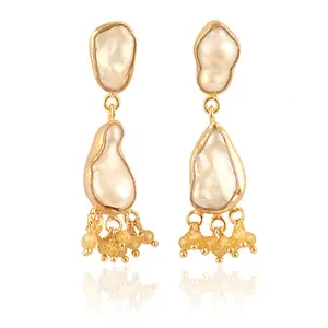 Elegant fashion freshwater pearl with bead lemon quartz charm gold plated dangle stud earrings fashionable pearl earrings gift