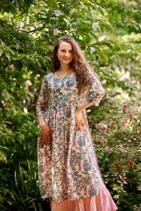 Vestido Kamalani Estampado a Mano, Estilo Bohemio, Floral, Blanco, Verde, Rosa, Algodón Puro, Ropa Casual - Product Image 4