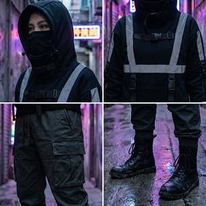 Sweat à capuche respirant en polaire d'hiver Techwear noir avec bande réfléchissante 3M, sangle à boucle tactique, col montant, streetwear cyberpunk - Product Image 4