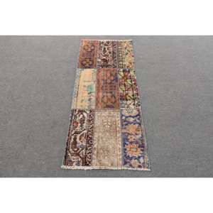 Tapis en laine beige bohème écoresponsable fait main 2,1 x 5 pieds, design patchwork classique turc à poils moyens pour salle à manger, en latex - Product Image 1