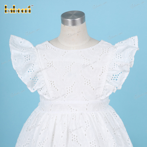 <b>Plain</b> <b>White</b> Belted 3D Embroidery 100% Cotton Eco-Friendly Luxury Winter Smock <b>Dress</b> for Kids OEM ODM Children Age Group BB3224 - Product Image 2