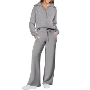 Autumn Clothes Sweatshirt Pants <b>Winter</b> Set with <b>Coat</b> Wide Leg Pants Zipper Design <b>Long</b> Solid Color 2 Psc Set - Product Image 4