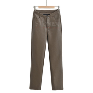 Pantalon décontracté en cuir vert pour femmes Offre Spéciale d'hiver avec design/style personnalisable Poches latérales plates de couleur unie Prix bas - Product Image 1