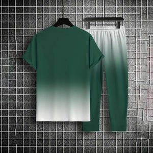 Men's Color Design Full-Print Solid Short Sleeve Extended Pants Two-Piece Set Casual Outdoor Sports Comfortable 100% Cotton - Product Image 3