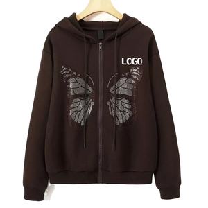 Sweat-shirts à capuche en polaire d'hiver marron personnalisés de qualité supérieure avec fermeture éclair intégrale et strass avec un motif papillon sur le devant et des poches - Product Image 1