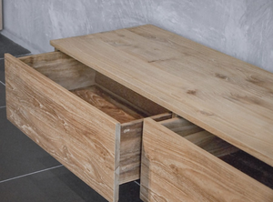 Soporte de TV bajo rústico moderno en teca maciza con cajones de almacenamiento ocultos y patas delgadas recubiertas de polvo negro, parte superior de hotel minimalista de hierro - Product Image 3