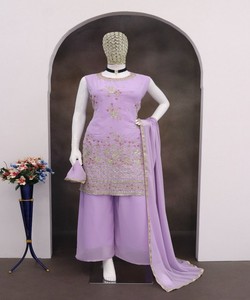 LOOK RICHE GEORGETTE BRODERIE SÉQUENCE TRAVAIL TOP PALAZZO AVEC DUPATTA FESTIVE WEAR PRIX DE GROS VÊTEMENT ETHNIQUE PUEPLE - Product Image 1