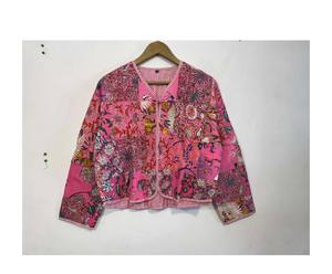 Floral Printed Kantha Quilted Cotton Jacket Men And Womens V Neck Cotton Patchwork Jacket - Boho Comfortable Pink Color Cotton - Product Image 1