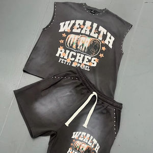 Camiseta sin mangas con lavado ácido personalizada de verano, pantalones cortos lavados Vintage, Conjunto de camiseta sin mangas y pantalones cortos para hombre - Product Image 1