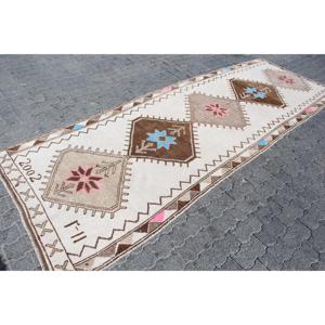 3.9x11.5 ft Turkish Rug, Herki Rug, <b>Brown</b> Polka dot Rug <b>Wool</b> - Product Image 3