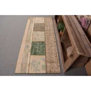 Alfombra de lana turca Vintage de 2,7x6,2 pies, diseño de retales verde Beige, técnica de tejido plano para decoraciones de sala de estar, látex de 4m - Product Image 1