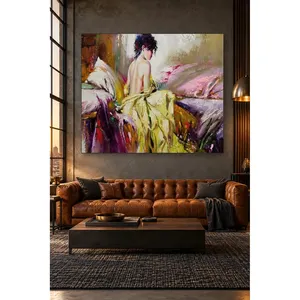 Pintura al Óleo sobre Lienzo de Mujer de Espalda Descubierta en una Cama Morada de Fida - Product Image 1