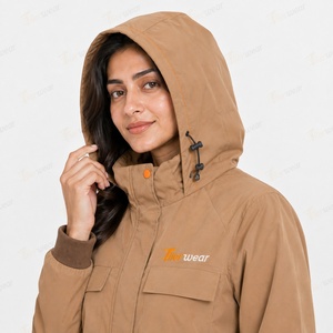 Chaqueta Impermeable con Capucha para Mujer, Color Bronceado, Resistente al Viento, con Bolsillos de Parche y Botones Cubiertos, para Otoño - Product Image 4