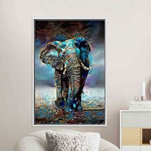 งานศิลปะบนผ้าใบพิมพ์ลายช้างโทนสีน้ำเงินหรูหราสำหรับการตกแต่งสมัยใหม่ กรอบสีขาว - Product Image 1