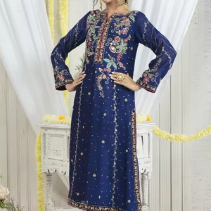 2024 Party Wear Navy Kurta & <b>Pant</b> Dress with Stylish Embroidery Crystal Glass Beads Pearls Dabka Work Lace/Button Decoration - Product Image 1