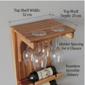 Solid Teak Wood <b>Wall</b> Mounted Wine Rack 4 <b>Shelves</b> Multifunction Design Rectangle Shape 6 Bottle Storage <b>Glass</b> Holder Rustic Style - Product Image 4