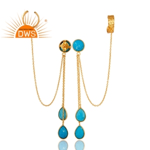 Boucles d'oreilles manchette d'oreille longue chaîne en argent sterling 925 plaqué or 14 carats avec pierre de culture turquoise Fournisseur de bijoux Collection classique - Product Image 3