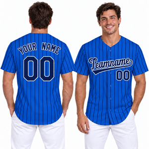 Maillot de baseball personnalisé pour homme, bleu rayé, col en V, manches courtes, polyester anti-humidité, impression du nom et du numéro de l'équipe - Product Image 1