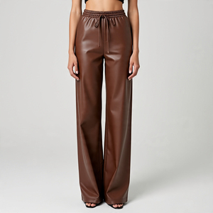 Pantalones largos de cuero de oveja con cordón elástico de pierna ancha para mujer, pantalones holgados de alta calidad para mujer, pantalones de cuero genuino - Product Image 3