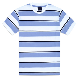 Camiseta de punto de algodón 100% de alta calidad para hombre, cuello redondo a rayas cielo, logotipo personalizable y ecológico, diseño informal transpirable - Product Image 1