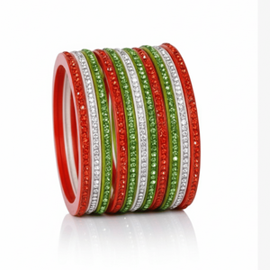 Tricolor Stone-Studded Lac Fashion Bangles Set <b>Red</b> Green & Silver - Product Image 5