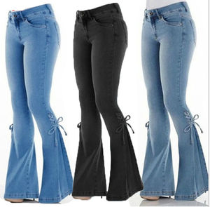 <b>Women</b> High quality Fashion Wear Flared Pants High <b>Waist</b> 100% Cotton <b>Jeans</b> Flared Pants - Product Image 3