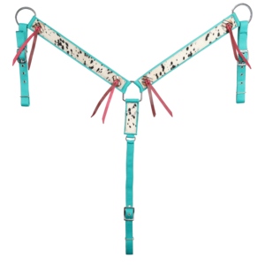 Conjunto de Cabezada y Pechera Western de Nailon Color Verde Azulado Moteado con Revestimiento de Pelo de Vaca, Hebillas de Barra de Cobre Plateado y Extremos de Amarre a Juego para Montar a Caballo - Product Image 3