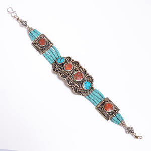 Bracelet de pierres précieuses Lapis corail turquoise naturel, Bracelet antique népalais en argent tibétain, fournisseur de bijoux vintage, bijoux fins - Product Image 2