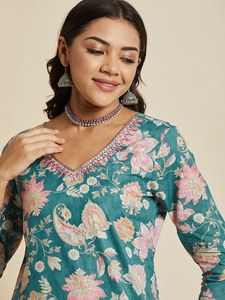 Kurta Tradicional India para Mujer, Diseño Floral Impreso, Cuello en V, Manga Larga, Algodón Teñido, Corte en A, para Verano - Product Image 3