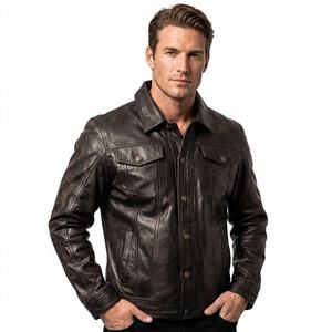 Veste en cuir véritable pour homme, personnalisable, style motard décontracté, lavée, écologique, imperméable, épaisse, pour l'automne - Product Image 2