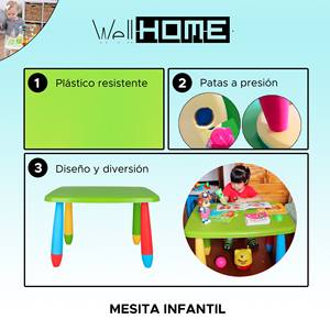 Juego de mesa y silla rectangulares verdes para niños, plástico resistente y fuerte, mesa de 73x58x48 cm y silla de 38x35x67 cm, muebles para niños - Product Image 2