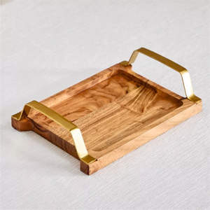 Bandeja de madera con mango de metal bandeja de servicio decorativa aspecto natural - Product Image 1