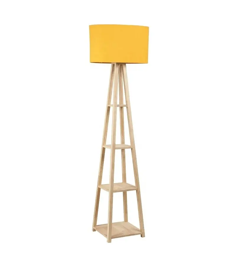 Best Quality Yellow Fabric Shade 4 Tier Shelf Storage Floor Lamp With Wooden Base.