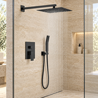 Ensemble de douche carré WYRAX en laiton poli noir et acier inoxydable, avec robinet de luxe et fonction pluie, idéal pour appartements et hôtels