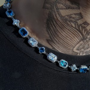 Chaîne en argent sterling S925 avec moissanite, largeur 11 mm, pierre précieuse bleue, bracelet chaîne glacée de luxe HipHop, collier plaqué or et argent - Product Image 3
