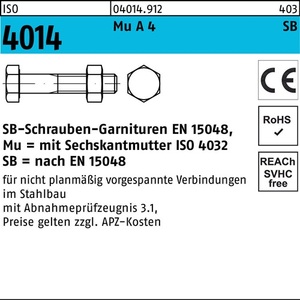 Perno Hexagonal ISO 4014 con Tuerca M12 X 70 A4, 50 Piezas - Product Image 1