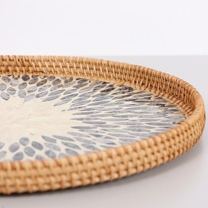Eco Friendly Handmade Mother Of Pearl With Rattan Serving <b>Tray</b> Round Blue White Radial Pattern Bulk For <b>Kitchen</b> Dining Tabletop - Product Image 6