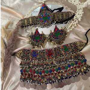 Handmade 4-Piece Traditional Afghan Jewelry Set for Wedding & Party-<b>Rings</b> Choker Earrings Bindi Tikka Stainless Steel - Product Image 1