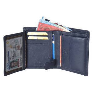 กระเป๋าสตางค์หนังสีน้ำเงินเข้มแบบพับสองตอน พร้อมระบบป้องกัน RFID ช่องใส่บัตรแบบพลิกได้ ช่องใส่เหรียญ ช่องใส่บัตรหลายช่อง ช่องใส่เงินสดขนาดกะทัดรัด สำหรับผู้ชาย - Product Image 1